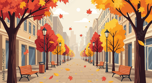 Autumnal city street scene with vibrant fall foliage, benches, and lampposts lining a tree-lined avenue.