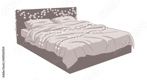 A cozy bed adorned with fairy lights, featuring pillows and a soft blanket.