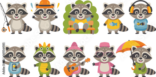 Set of cute cartoon raccoon characters in different costumes and poses. Funny animal mascot collection.