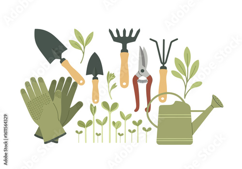 Illustration showcasing various gardening tools and elements, including plants, gloves, and a watering can.