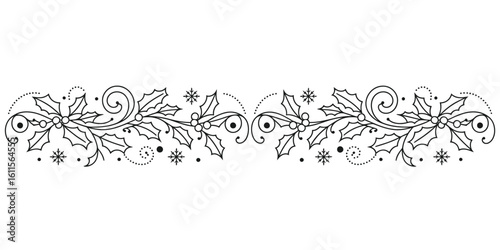Elegant Holly and Snowflake Border Design in Black and White