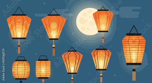 Assorted illuminated Chinese lanterns hanging against a night sky backdrop, full moon visible.