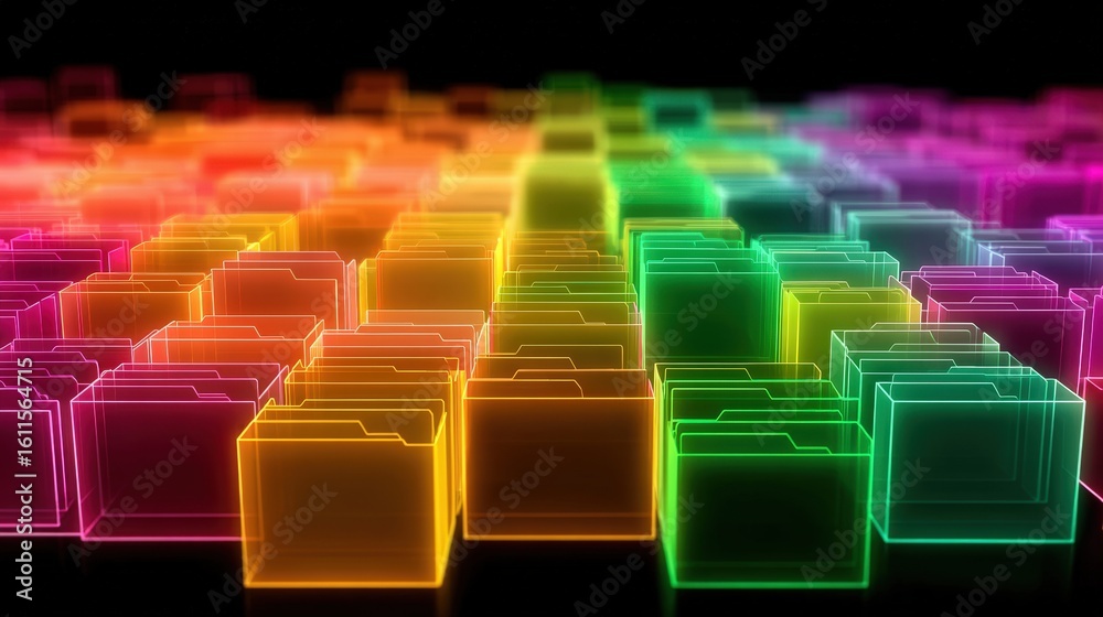 Fototapeta premium Colorful translucent 3D file folders arranged in rows, glowing with a spectrum of vibrant colors on a dark background.