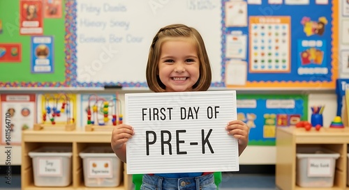 Smiling girl holding a first day of pre k sign in a classroom with shelves and bulletin boards