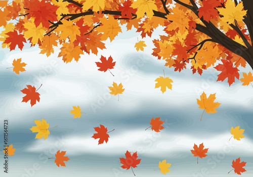 Autumn leaves falling from a tree branch against a cloudy sky.