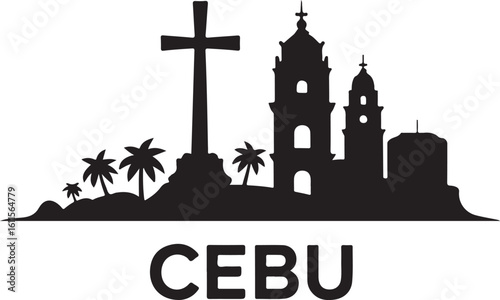 Black silhouette of Cebu skyline, includes Magellans Cross, tower blocks, Filipino coastal city on white
