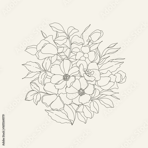 Hand drawn floral composition in line art style. Elegant simple delicate flowers and leaves. Trendy botanical element. Vector illustration for logo or tattoo, save the date card, wedding invitation
