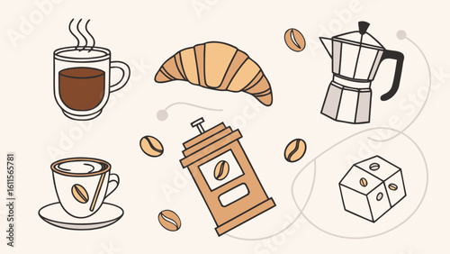 Illustration of coffee cups, croissant, moka pot, grinder, and coffee beans on light background created with generated ai