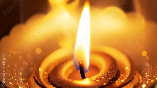 spinning diya flame with lens flare and soft golden particles