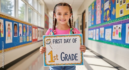 A girl holding a first day of first grade sign in a school hallway with student artwork displayed