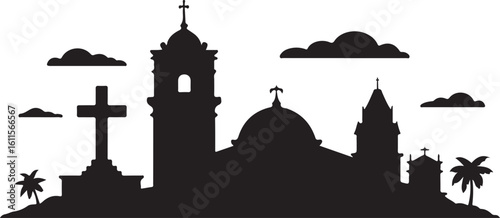 Black silhouette of Cebu skyline, includes Magellans Cross, tower blocks, Filipino coastal city on white
