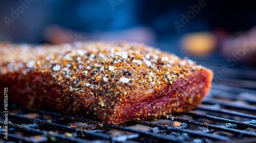 Beef brisket with spice rub coating. Barbecue preparation. Outdoor cooking