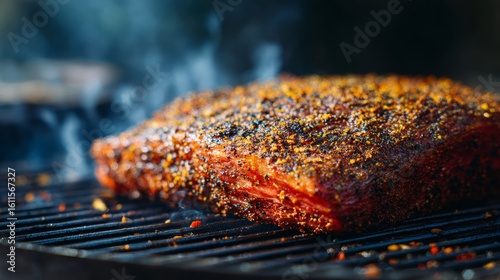 Fototapeta Naklejka Na Ścianę i Meble -  Beef brisket with spice rub coating. Barbecue preparation. Outdoor cooking