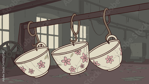 Three floral teacups hanging from metal hooks in a room with industrial equipment and windows present