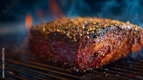 Fototapeta Naklejka Na Ścianę i Meble -  Beef brisket with spice rub coating. Barbecue preparation. Outdoor cooking