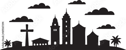 Black silhouette of Cebu skyline, includes Magellans Cross, tower blocks, Filipino coastal city on white