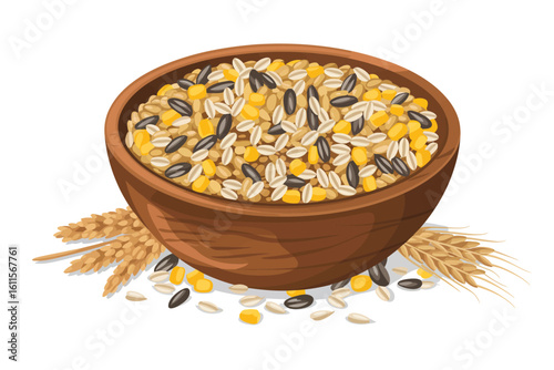 Bowl of mixed grains and seeds with wheat stalks on white background