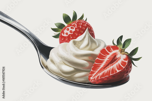 Delicious spoonful of cream and fresh strawberries