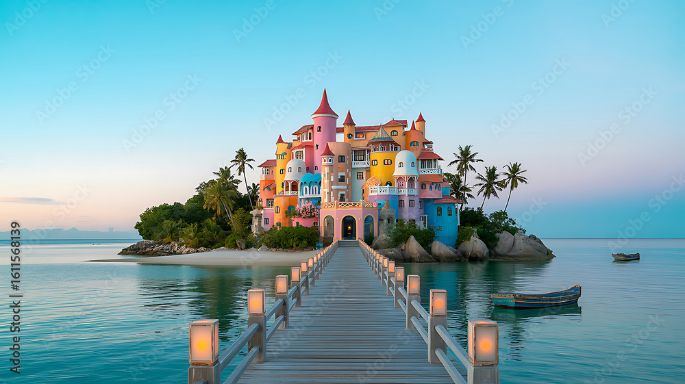 Fototapeta premium Colorful island castle with wooden pier and boats at sunset pastel architecture