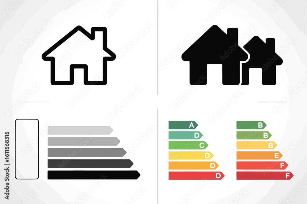 House icons and energy efficiency rating bars House icons and energy efficiency rating bars