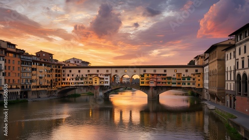 Fototapeta Naklejka Na Ścianę i Meble -  Ponte vecchio bridge in florence italy at sunset with dramatic colorful sky reflected in arno river