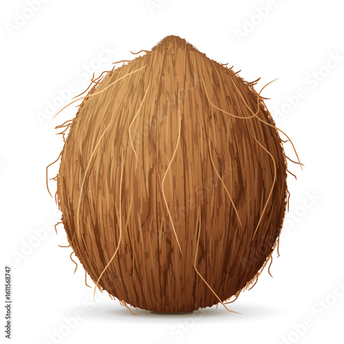 Whole coconut fruit close up. Single ripe coconut isolated on white background. Vector illustration about fruits, agriculture, healthy food, cooking, vegetarianism, etc