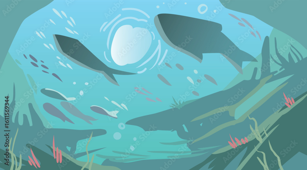 Fototapeta premium Ocean floor marine life background. Undersea with corals and seaweed, sea bottom, vector illustration