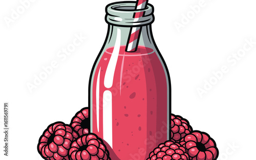 Refreshing raspberry smoothie in a glass bottle with fresh berries