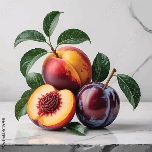 Watercolor Illustration of Peaches and Plum with Green Leaves