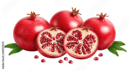 Arrangement of pomegranates and halves isolated on transparent background