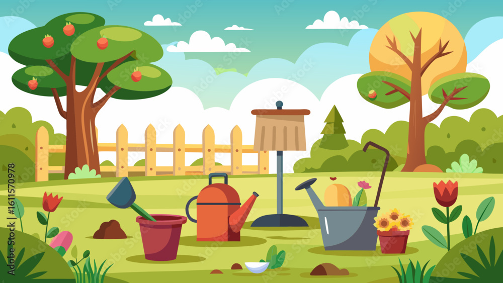 Fototapeta premium Vector art of a cheerful cartoon scene of gardening tools and plants in a sunny garden, with a fence and trees under a bright blue sky with fluffy clouds