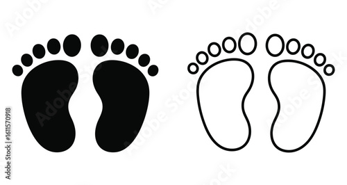 Baby Footprints Black Silhouette and Outline Vector Illustration