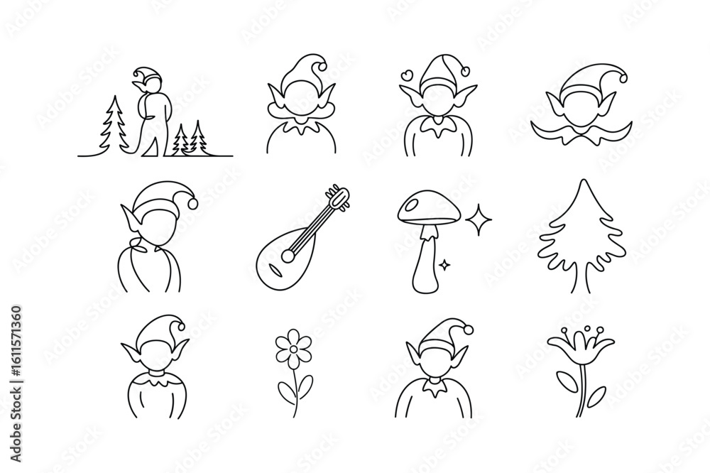 Fototapeta premium Elf figures and nature elements in line art style christmas tree