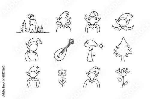 Elf figures and nature elements in line art style christmas tree