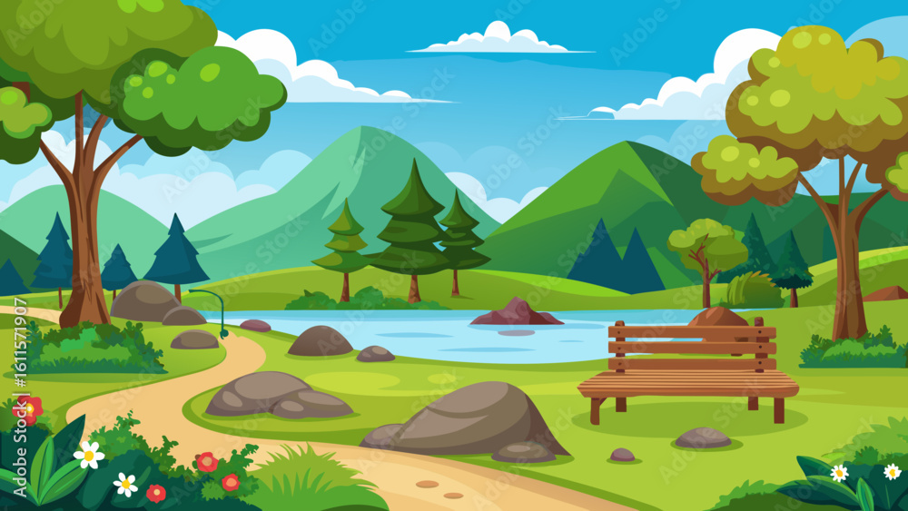 Fototapeta premium Vector art of a peaceful park setting with a winding path, trees, a pond, and distant mountains under a bright sky