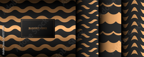 Fényképezés Sea vibe seamless patterns set with simple ocean waves in black gold background