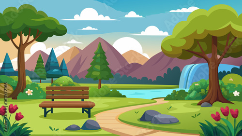 Vector art of a serene park scene unfolds with a wooden bench inviting rest beside a flowing river and a distant waterfall, framed by lush trees and majestic mountains under a cloudy sky