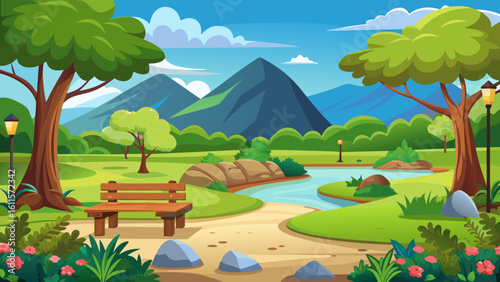 Vector art of a scenic park pathway curves through lush greenery towards a serene river, with a wooden bench offering a view of distant mountains and a vibrant, cloudfilled sky