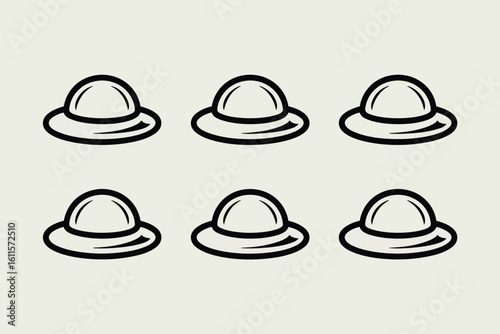 Six simple outline drawings of bowler hats arranged in two rows