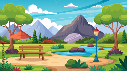 Vector art of a charming park setting with a wooden bench and lamppost, shaded by a tree with an umbrella, beside a pond and distant mountains