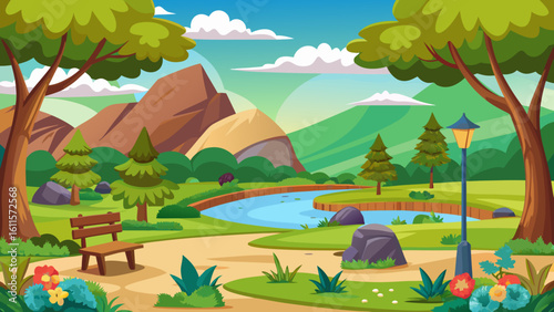 Vector art of a serene park scene unfolds with a winding river, lush trees, a wooden bench, and distant mountains under a bright sky