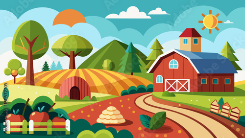 Vector art of a cheerful cartoon farm scene featuring a red barn, apple trees, and cultivated fields under a sunny sky with scattered clouds