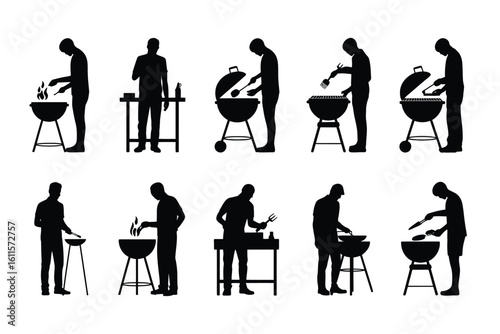 Silhouettes of people grilling food at barbecues in various poses