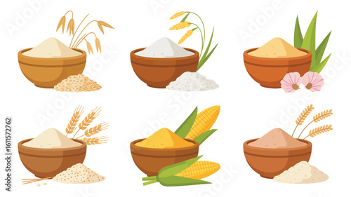 Collection of six different types of flour in wooden bowls with grains and plants