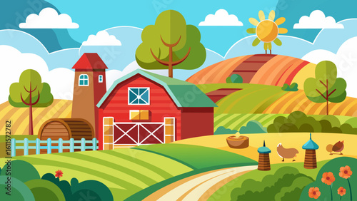Vector art of a vibrant cartoon illustration of a red barn and silo in a lush green countryside with rolling hills and a bright sun