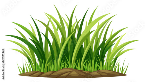 Vector art of a lush clump of vibrant green grass with delicate blades and small sprouts, isolated on a clean white background