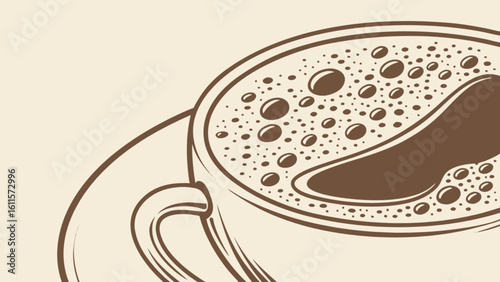 Close up illustration of a coffee cup with foam and a saucer in brown and beige tones art style