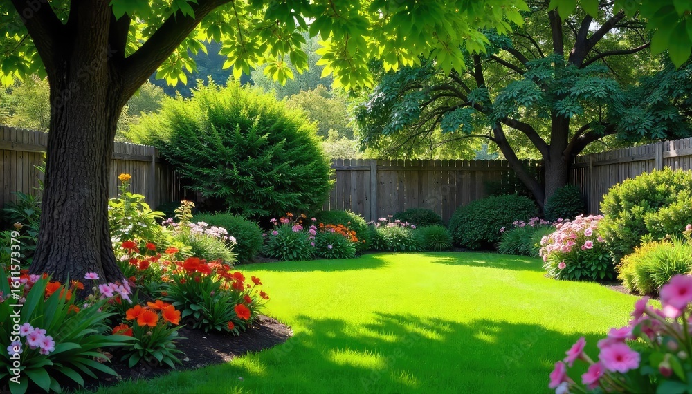Naklejka premium Lush green backyard with vibrant flowers, a wooden fence, and mature trees providing ample shade Perfect for relaxation and outdoor activities Enjoy the serene atmosphere , country, outdoor