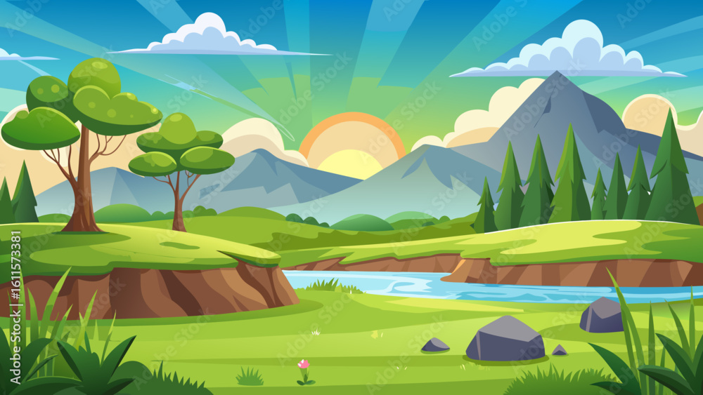 Obraz premium Vector art of a breathtaking cartoon landscape at sunrise features a river, mountains, and rolling hills bathed in warm, golden light