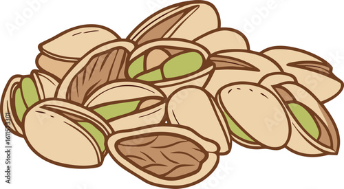 Pile of shelled and unshelled pistachios with green kernels nuts food